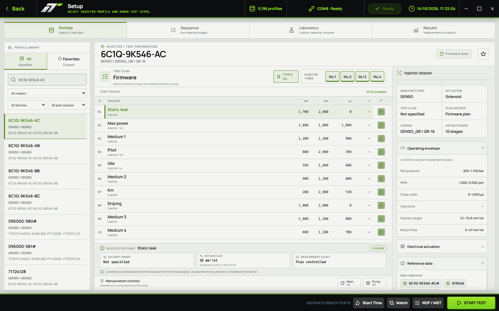 Injectune Control English interface with recorded test data