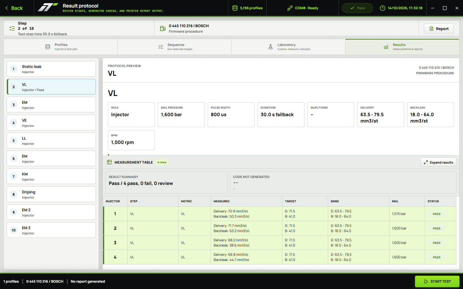 Save & report / Injectune Control English interface with recorded test data