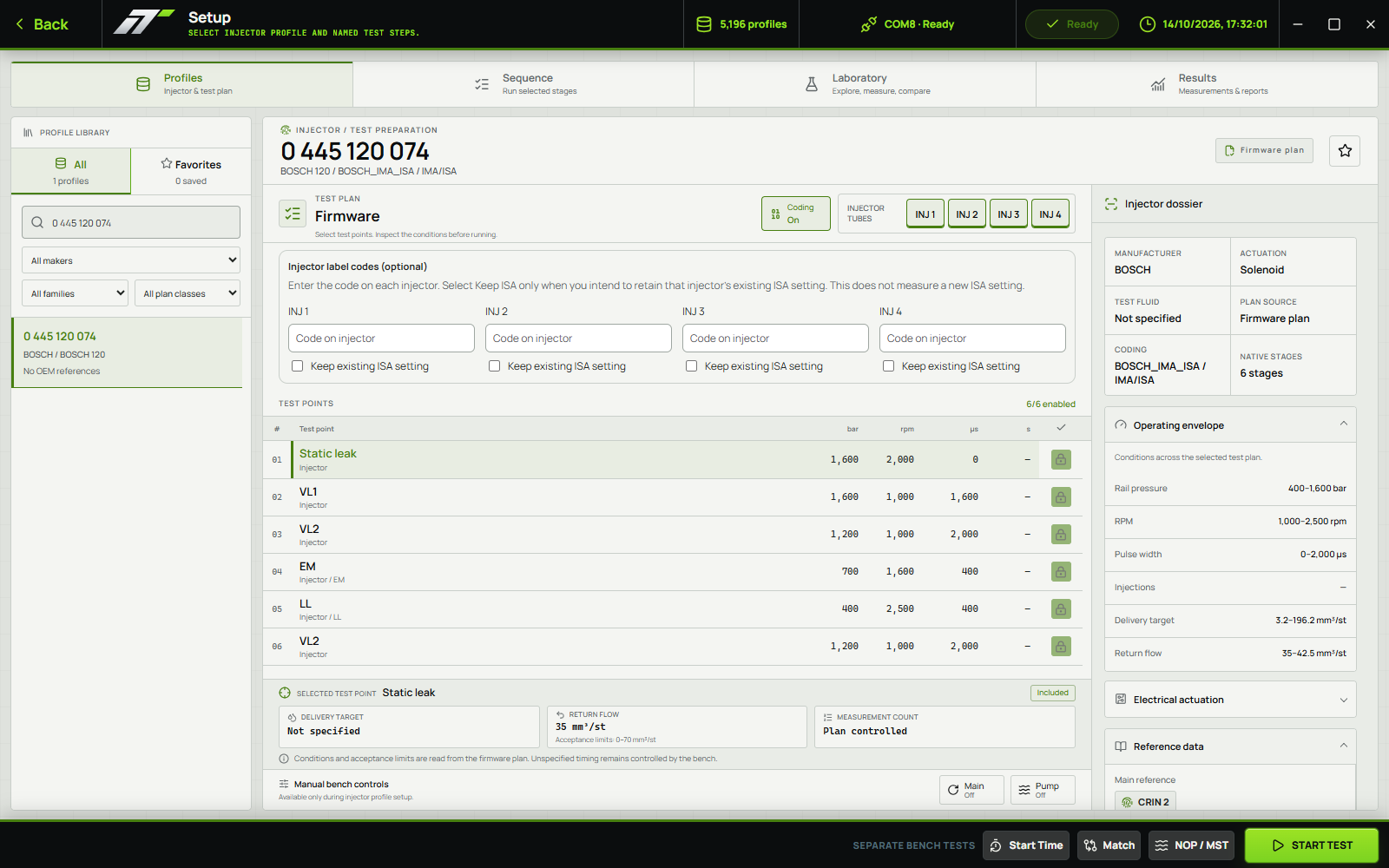 Select & prepare / Injectune Control English interface with recorded test data