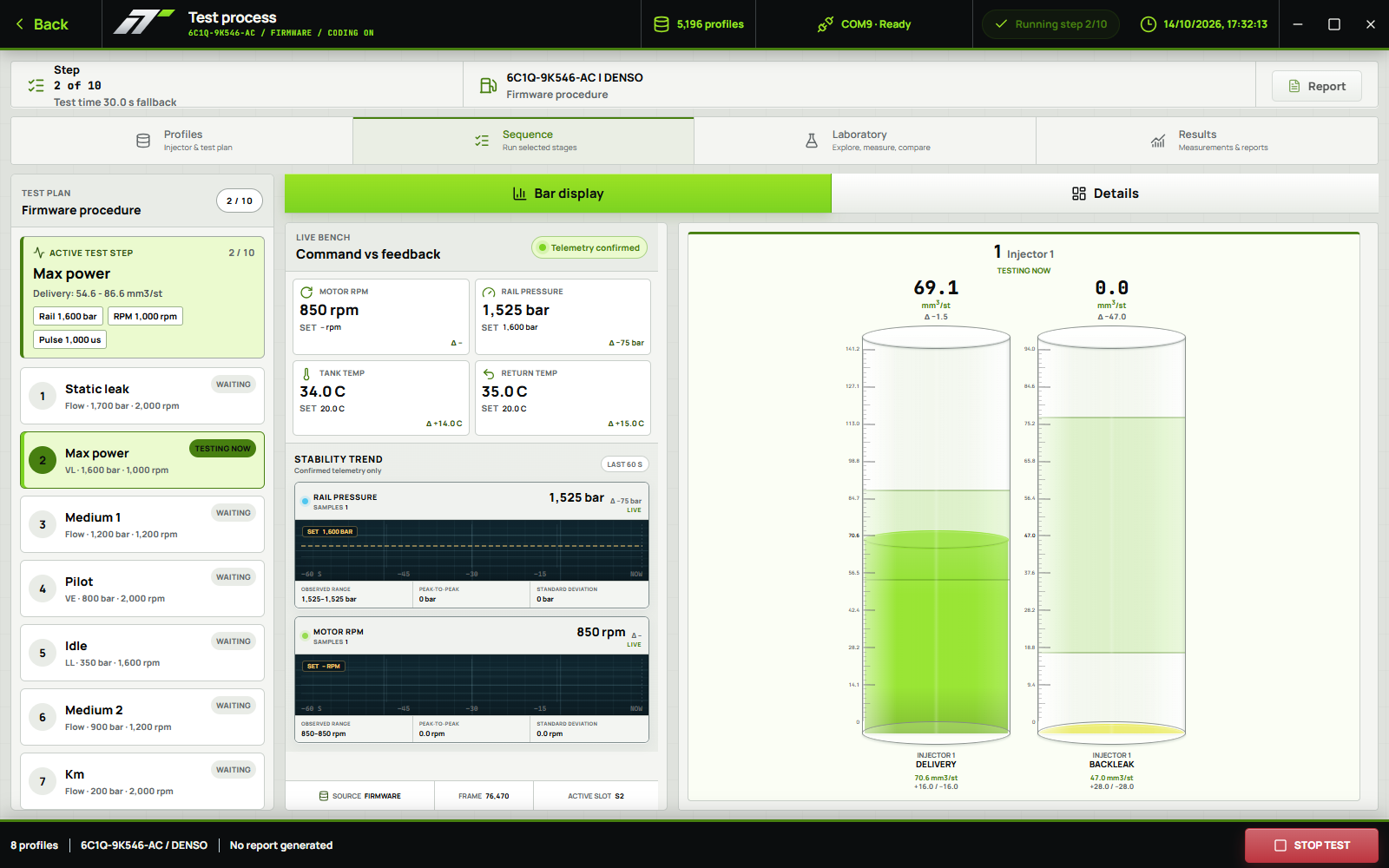 Injectune Control English interface with recorded test data