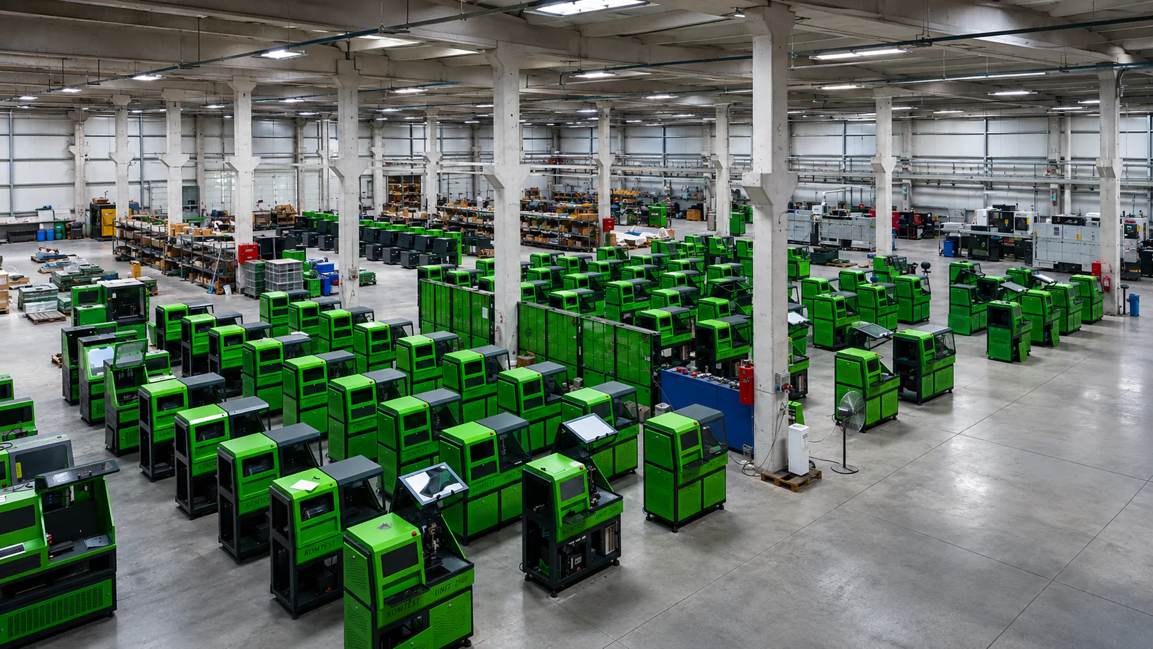 Inside the KOMTEST production facility with diesel test benches in assembly.
