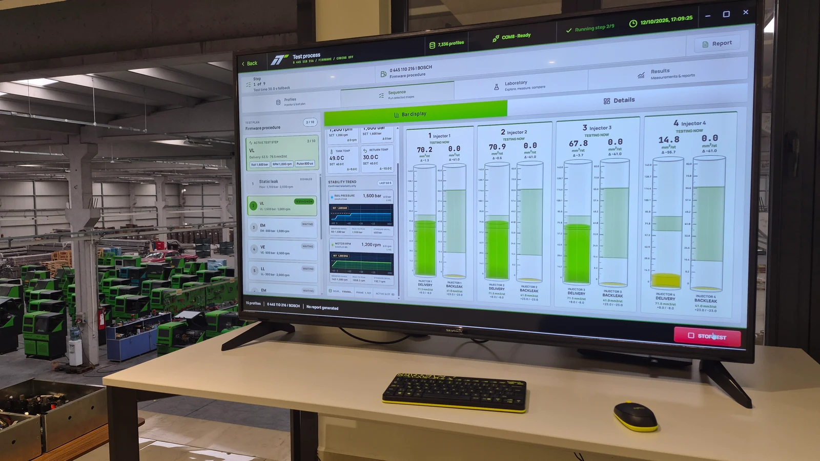 Injectune software showing delivery and back-leak measurements for four injector channels.