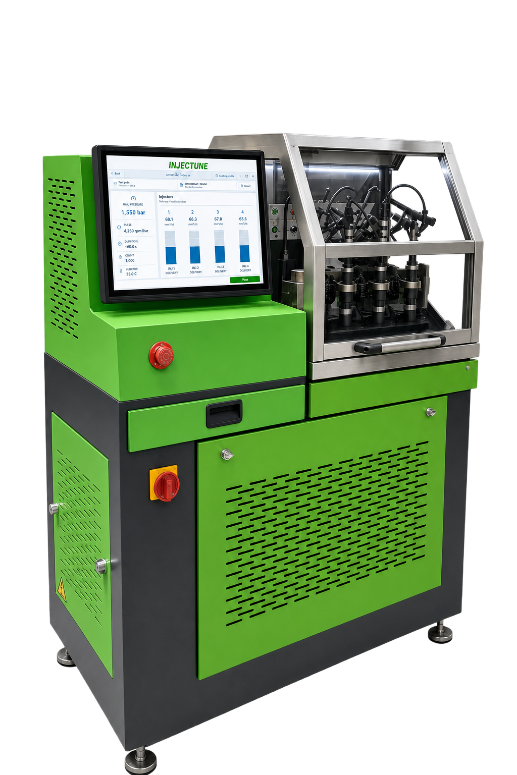 Injectune X4 four-channel diesel injector test bench with active Injectune software.