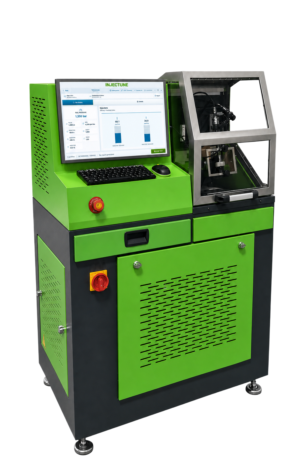Injectune X1 single-injector diesel test bench in green and graphite with its software display active.