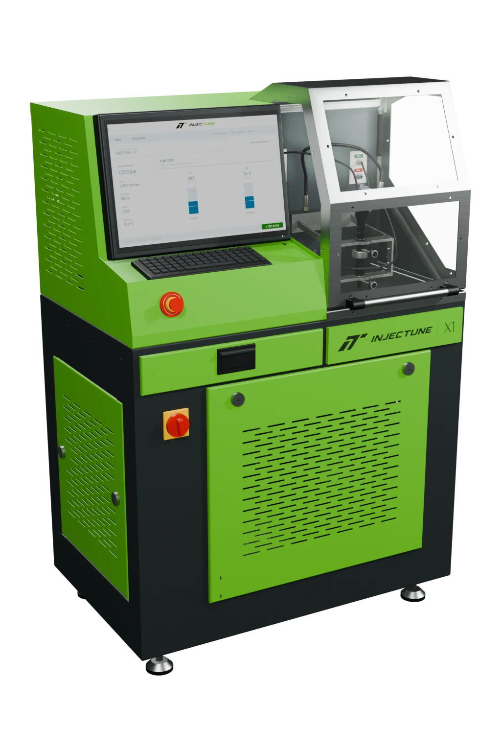 Injectune X1 single-injector diesel test bench in green and graphite with its software display active.