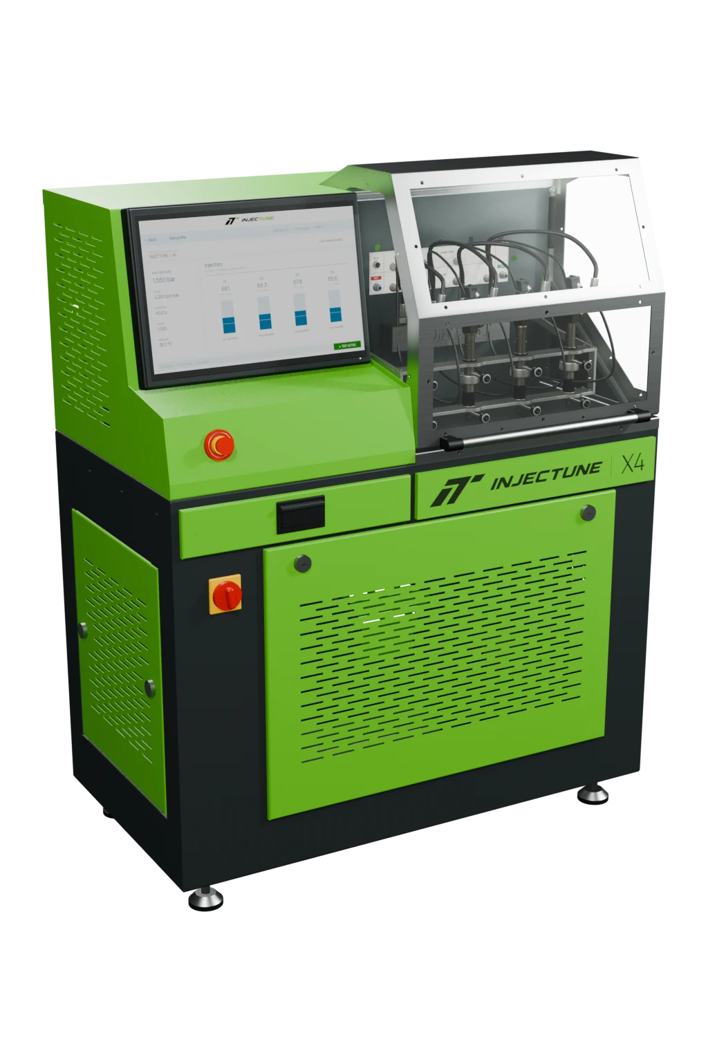 Injectune X4 four-channel test bench, an interactive CAD-based 3D model with the official Injectune branding.
